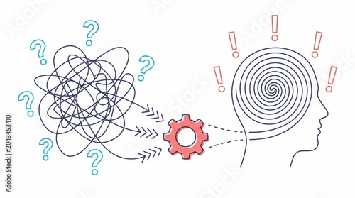 tangled lines and gear transforming into spiral head business analytics