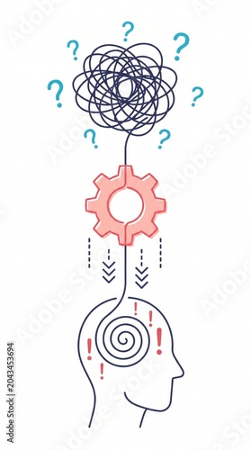 human head profile with gear mechanism and tangled lines business analytics