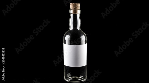 Branding mockup of unbranded transparent empty glass bottle with cork stopper, two blank white labels of different sizes on neck and body, minimalist glass product studio shot on pure black background