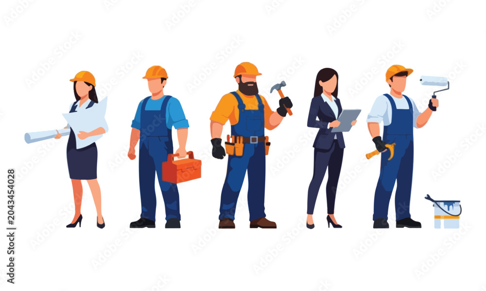 Obraz premium Construction workers team standing with tools and equipment