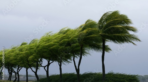 Green palm trees sway violently in a strong, overcast wind