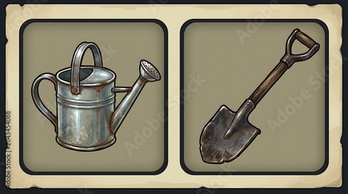 Old metal watering can and rustic gardening shovel on display