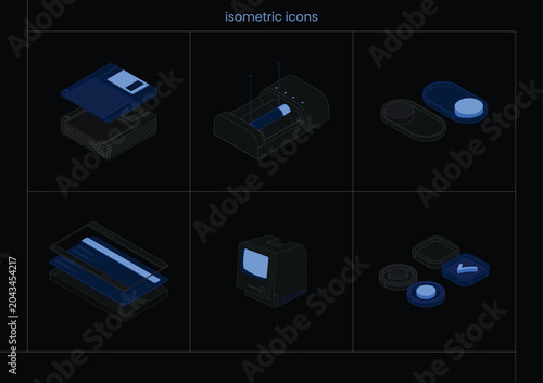 Futuristic isometric technology icon collection. Floppy disk, battery module, toggle switch, layered interface, retro monitor and UI elements. Cyber software dashboards, fintech apps mobile interfaces