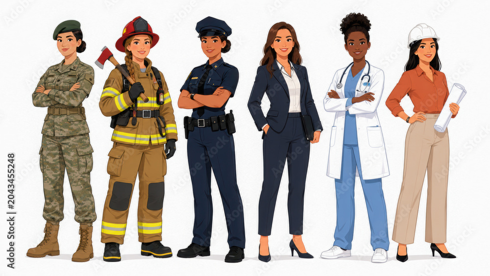 Obraz premium Woman soldier female firefighter woman police businesswoman female doctor female engineer female team professional career diverse occupation girl