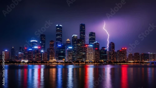 Electric Skyline: A dramatic lightning strike illuminates the night sky over a sprawling metropolis, with towering skyscrapers reflecting vibrant lights onto the calm waters below.