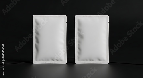 Two white blank face mask pouches with detailed pattern edges for beauty cosmetic packaging mockups on dark background