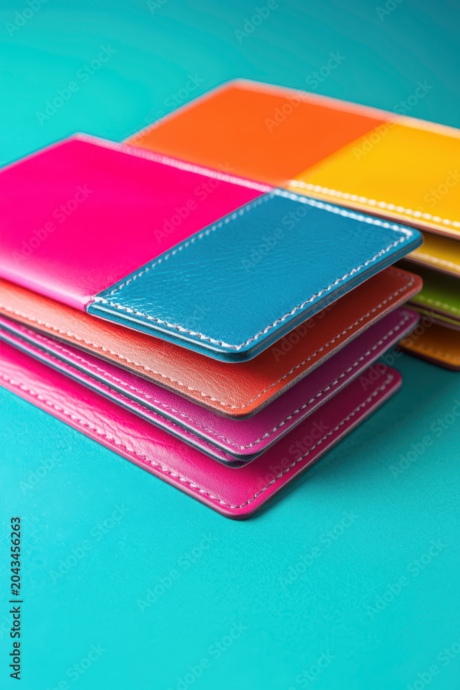 Fototapeta premium Stack of colorful leather card holders and wallets