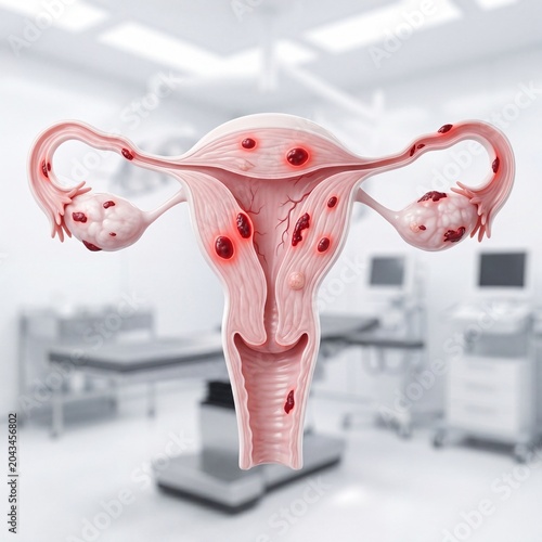 3D medical illustration of a female uterus with red affected spots representing endometriosis or fibroids inside a bright modern clinic room setting