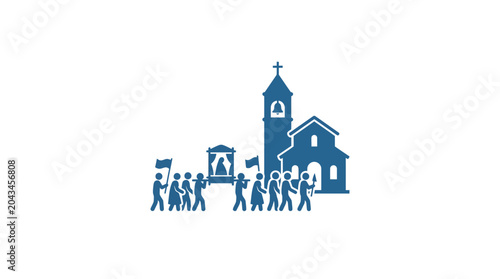 Photos A blue silhouette illustration of a religious procession walking towards a church building