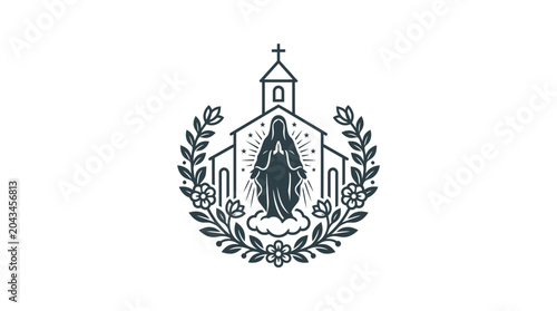 Quadro em tela Line art illustration of the Virgin Mary standing before a church surrounded by a floral wreath