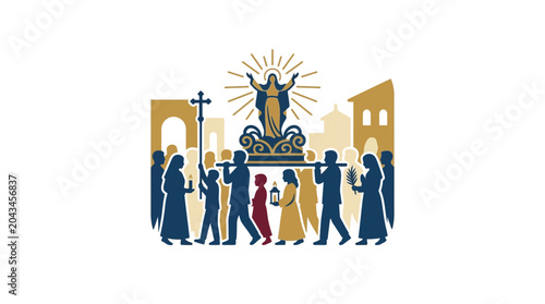 Tableau sur toile A solemn religious procession featuring a statue of the Virgin Mary carried by devotees