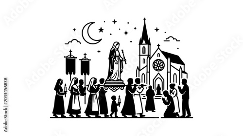 Tableau sur toile A solemn religious procession featuring a statue of the Virgin Mary carried by devotees