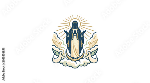 Fotografia A detailed illustration of the Virgin Mary standing on a crescent moon surrounded by clouds and angels