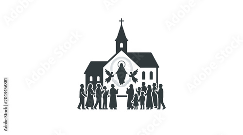 Εκτύπωση καμβά Silhouette illustration of a church with a group of people and a religious figure