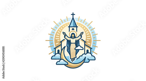 Photos Illustration of Jesus Christ standing on a crescent moon with a church building behind him