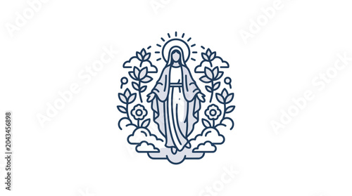 Φωτογραφία Minimalist line art illustration of the Virgin Mary surrounded by floral elements and clouds