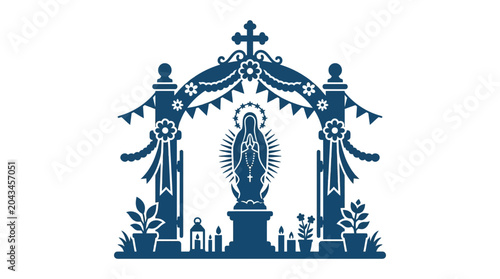 Bild auf Leinwand A stylized blue silhouette illustration of the Virgin of Guadalupe inside a decorated archway