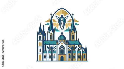 Stylized illustration of a gothic cathedral with a floating figure above.
