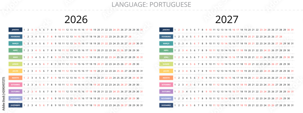 © Alex - Minimal 2026 and 2027 Portugal calendario with horizontal month strips for planning