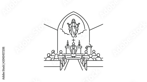 Cuadro en lienzo A line art illustration of a priest conducting a church service before a congregation