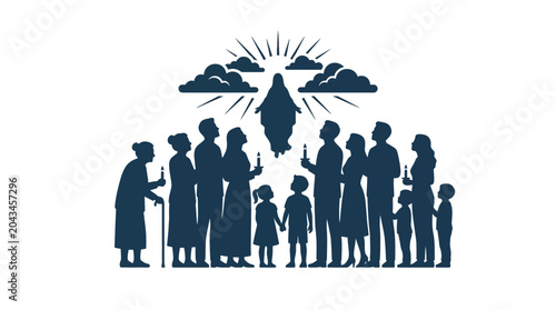 Schilderij op canvas Silhouette illustration of a diverse group of people looking up at a divine figure in the clouds