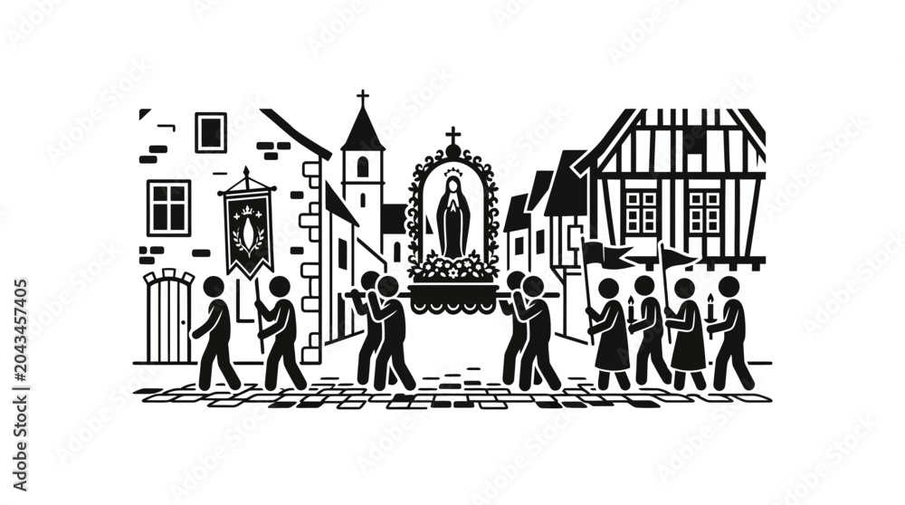 Fototapeta premium A black and white illustration of a religious procession carrying a statue through a village street.
