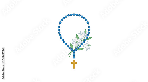 Konstfotografi Blue rosary beads with delicate white floral accents and a golden cross