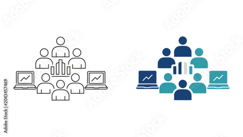 Team data analysis and business intelligence icon set featuring group of people with laptops and bar charts for remote team metrics and digital performance monitoring visualization