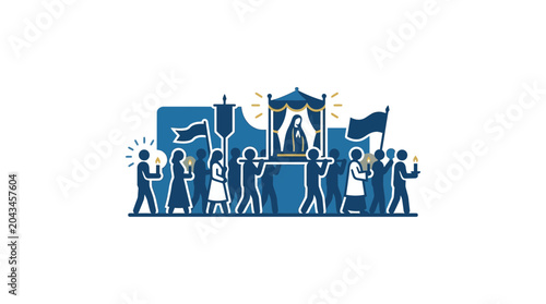 Vászonkép A stylized illustration of a religious procession featuring people carrying a shrine with a figure