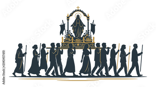 Obraz na płótnie A silhouette illustration of a religious procession carrying a statue of the Virgin Mary
