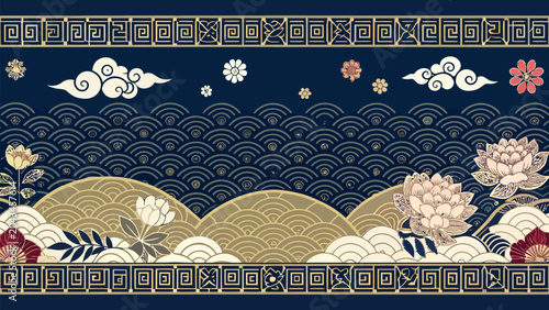 Seamless pattern with traditional japanese waves, lotus flowers and clouds on dark blue background