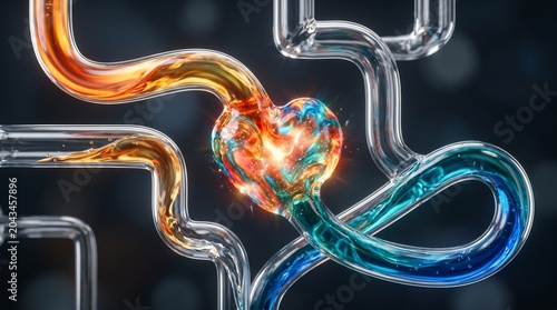 Abstract Glowing Heart Organ Connected to Glass Tubes for Medical Concept