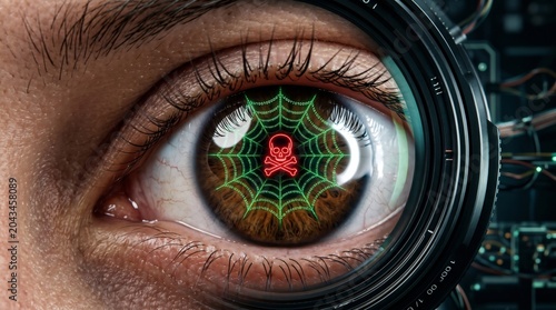 Human Eye with Digital Skull and Spider Web Representing Cyber Security Threat