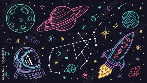 Seamless pattern with cute handdrawn space elements, planets, stars, astronaut and rocket