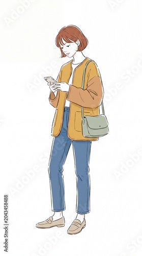 Hand drawn watercolor illustration of a young woman with short brown hair wearing a yellow jacket and blue jeans while using her mobile phone