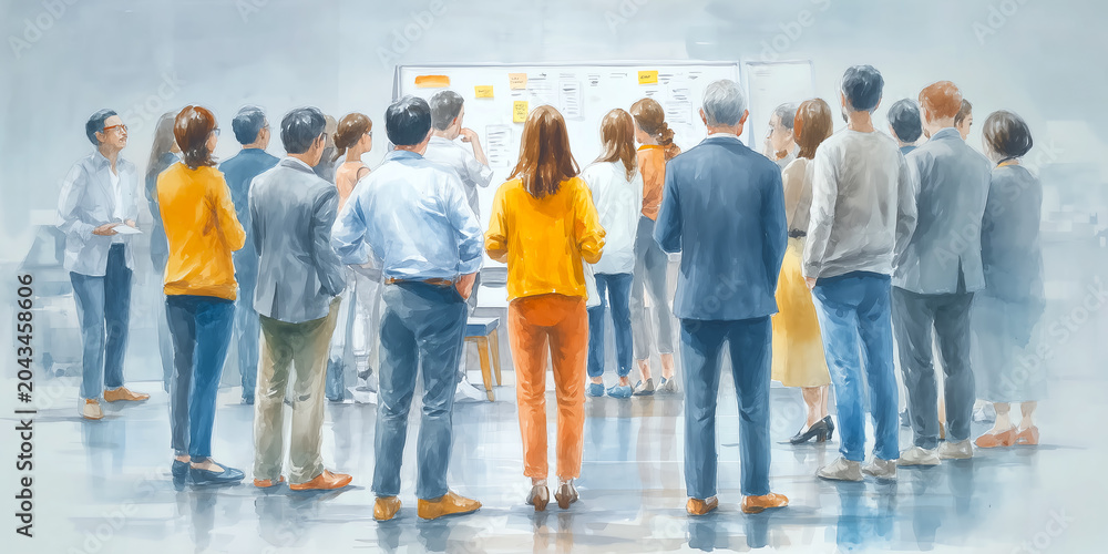 Fototapeta premium Corporate innovation meeting featuring employees presenting workflow ideas on a collaborative whiteboard wall today confidently