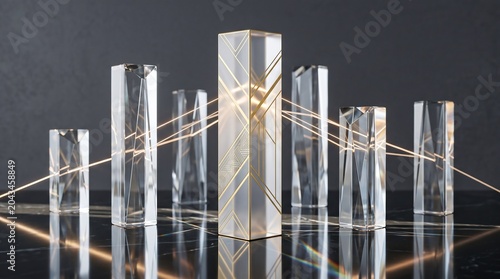 Abstract Crystal Prisms with Golden Light Rays and Geometric Reflections