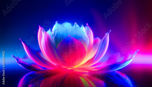 Colorful Lotus Flower Glowing in Vibrant Light Against a Dark Background