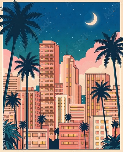 Vector illustration of a tropical city skyline at night featuring pastel high rise buildings and tall palm trees under a crescent moon sky