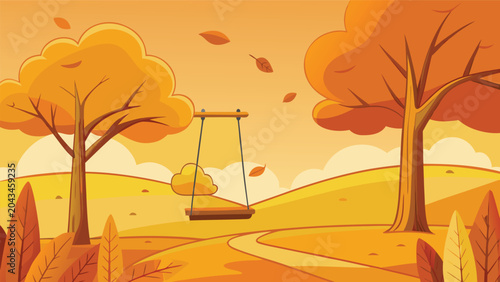 Konstfotografi Autumn landscape with empty swing in park during warm sunset vector illustration