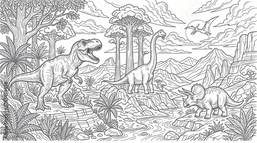 Quadro su tela Dinosaur Coloring Page: Prehistoric Landscape with T-Rex, Brontosaurus, Tricerat
