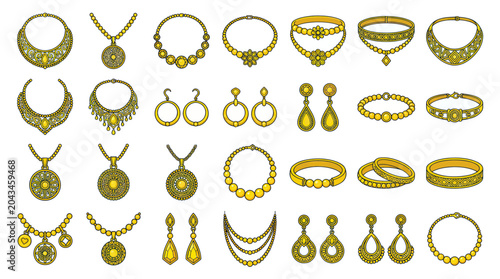 Schilderij op canvas Elegant Gold Jewelry Collection: Necklaces, Bracelets, Earrings