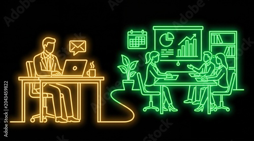 Glowing neon outline illustration of a business man working on a laptop connected to a team meeting with charts and colleagues on a black background