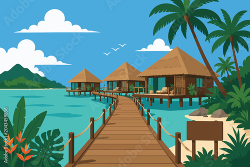 Obraz na płótnie Tropical Resort Pier and Overwater Villas Vector Illustration featuring luxury i
