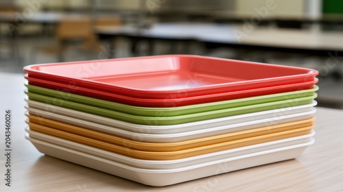 Stacked colorful plastic cafeteria trays on a table in an empty lunchroom, bright clean dining setting for school or restaurant