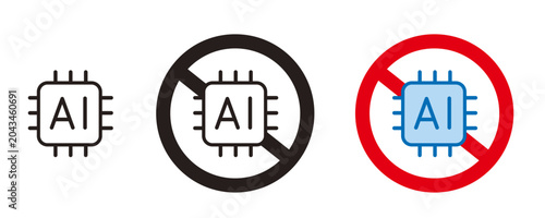 Photos AI禁止のアイコン。生成AI禁止、AI学習禁止、No AIを伝えるデザイン。No AI generation,