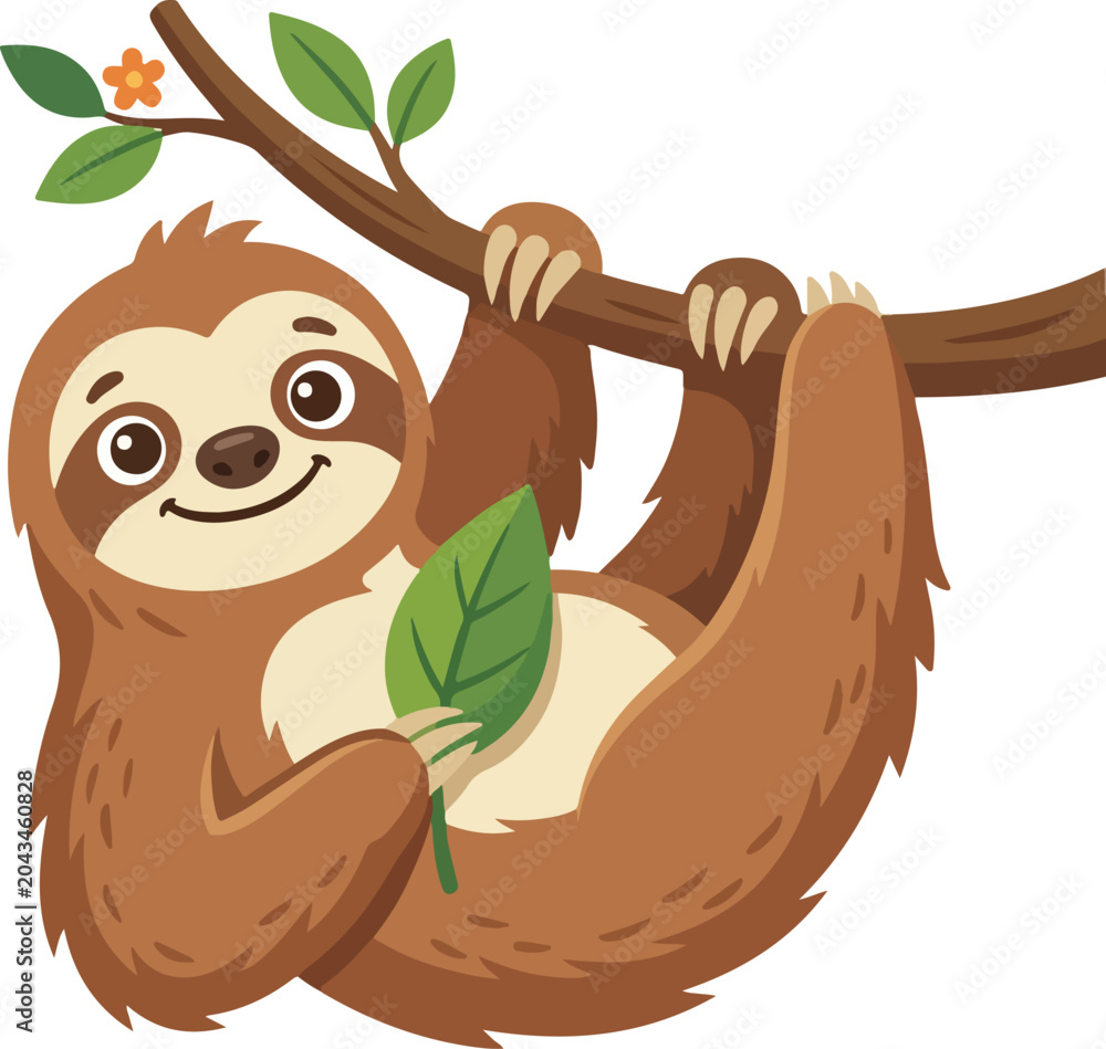 Obraz premium Cute Cartoon Sloth Animal Hanging on a Tree Branch with Leaf, Adorable Jungle Wildlife Illustration for Kids