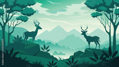 Photos Deer standing on rocky outcrops during serene dawn in misty mountain forest land