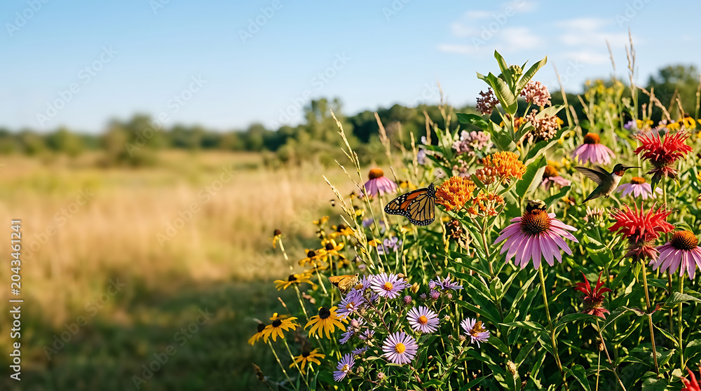 Naklejka premium Wildflowers in a summer meadow with butterfly and hummingbird