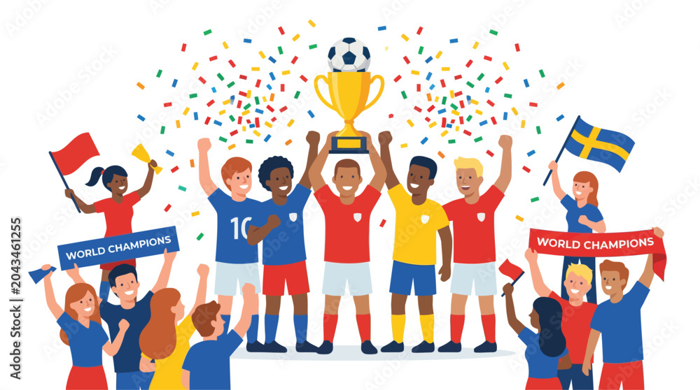 Fototapeta premium Cheering football fans holding up world cup trophy in victory celebration